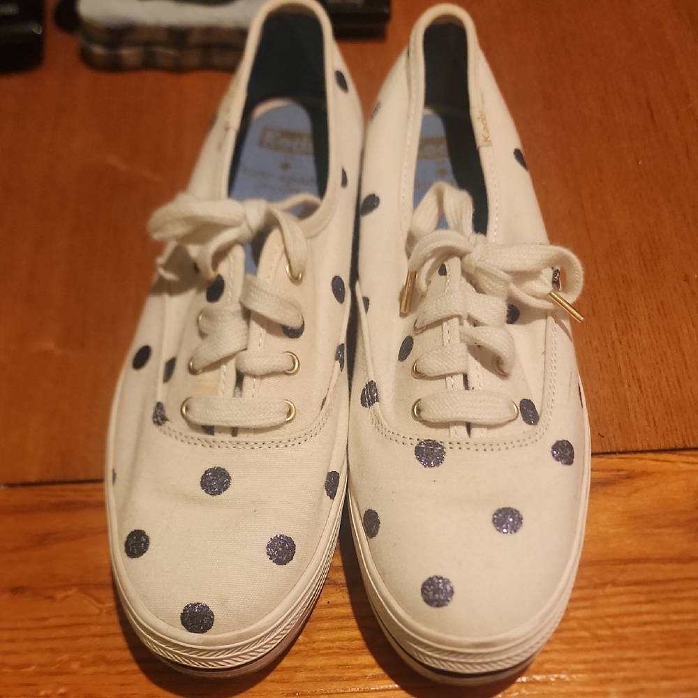 Keds White Canvas Shoes with Navy Sparkle Dots By Kate Spade